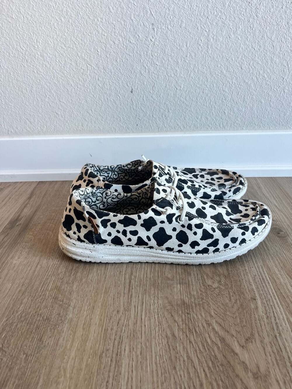 Hey Dude, Wendy Milky Way Cow Print, Womans Slip Ons, Black/White, 11
